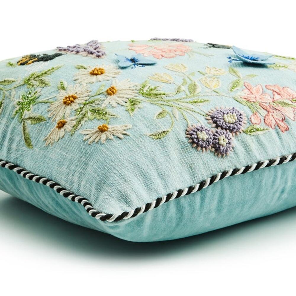 NEW Mackenzie-Childs Floral & Bee Throw Pillow 18x18 Embroidered Spring Decor - Picture 2 of 13